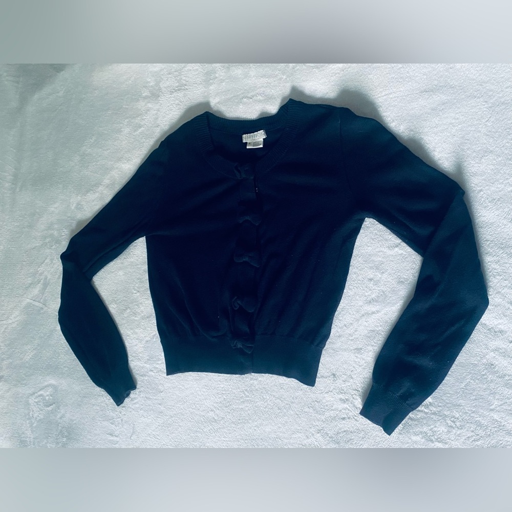 Navy Cropped Clasp Cardigan Sweater with Bow Decals | Small